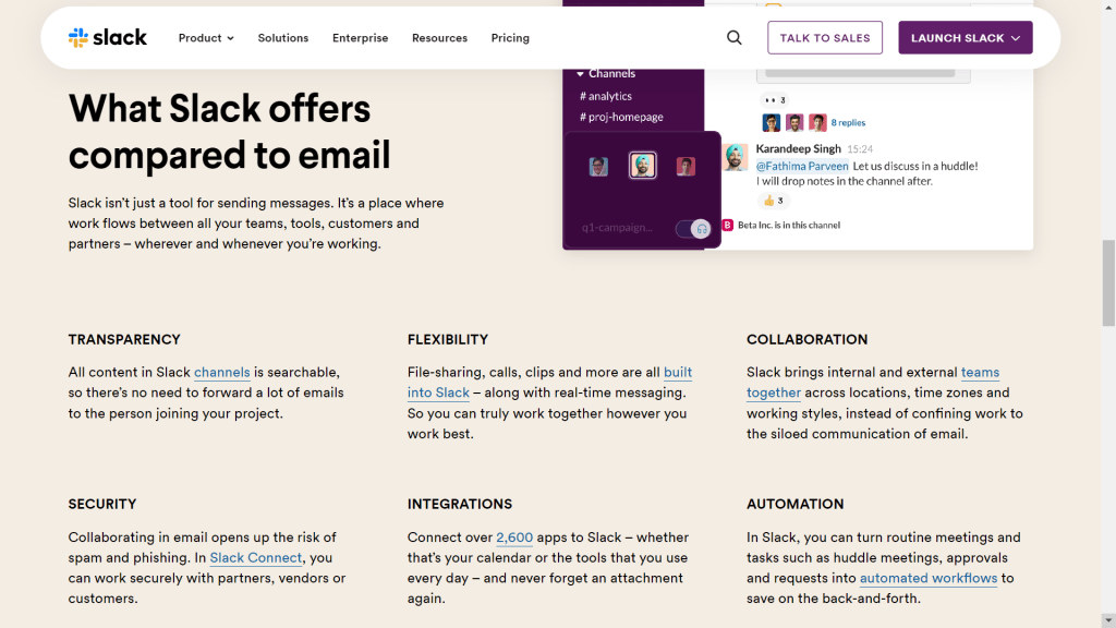 Screenshot of Slack v/s email page showcasing how Slack is better than email