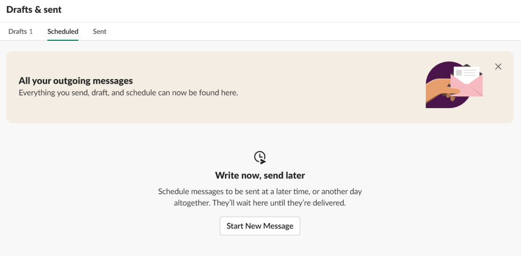 Screenshot of Slack's Draft, Schedule and Sent messages dashboard