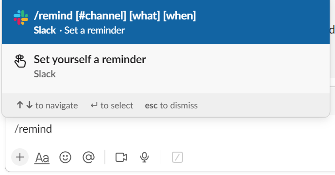 Slack's option to set a reminder using message field screenshot