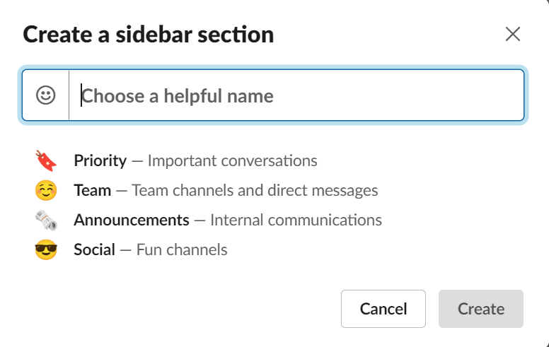 Slack's option to create custom channel view screenshot