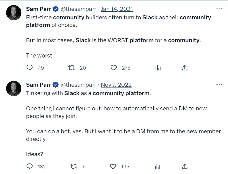 Twitter search result showing Sam Parr's tweets about his thoughts on using Slack for community management