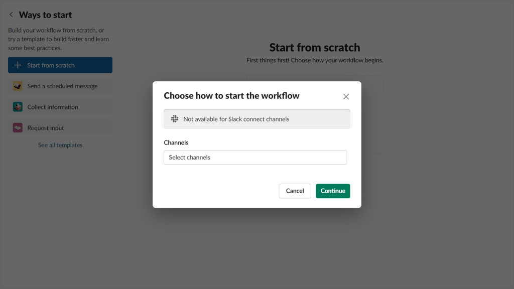 Screenshot of Slack Workflow Builder asking user to select Slack channel where they would like to send automated messages.
