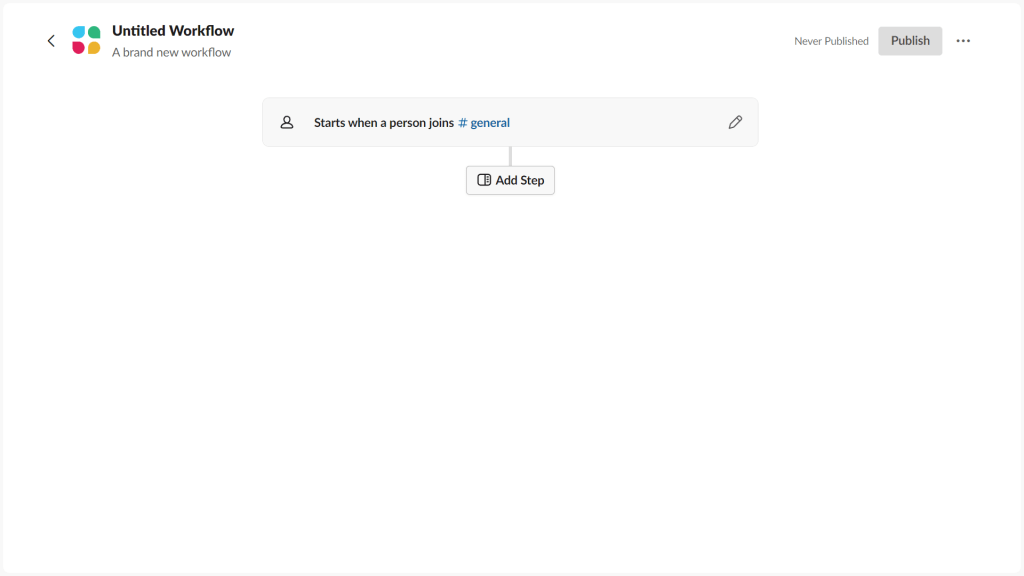 Screenshot of Slack Workflow Builder showing  'Add step' option for adding a command to automate messaging workflow on Slack