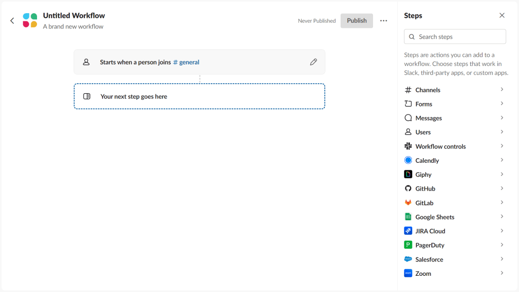 Screenshot of Slack workflow builder dashboard asking user to click on 'messages' option