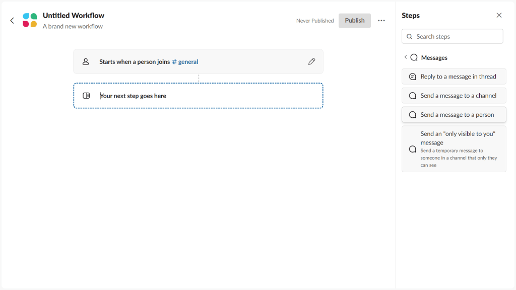 Screenshot of Slack Workflow Builder asking user to select 'send message to a person' button