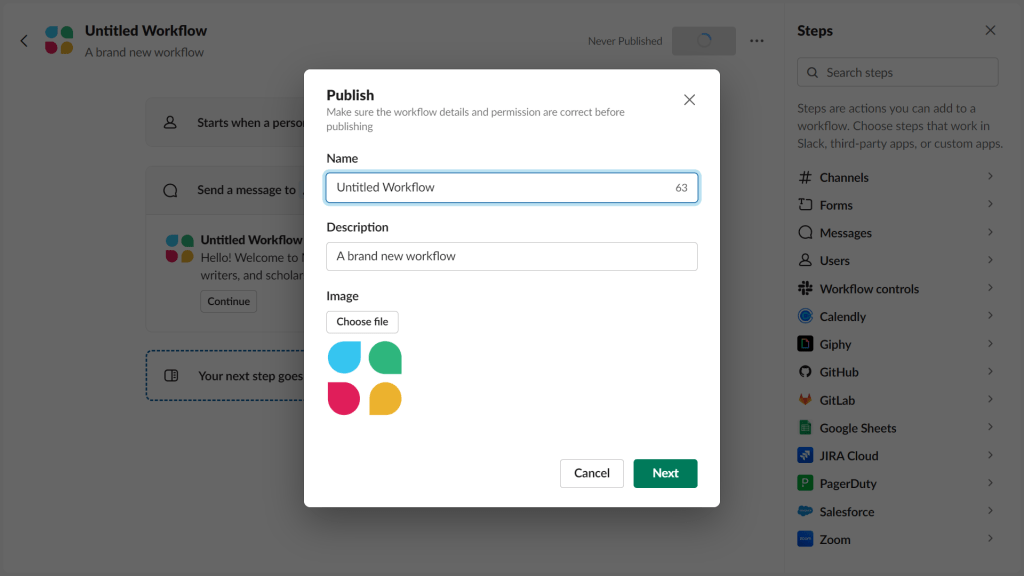 Screenshot of slack workflow builder showing a dialog box to customize your built slack workflow name, description, and logo