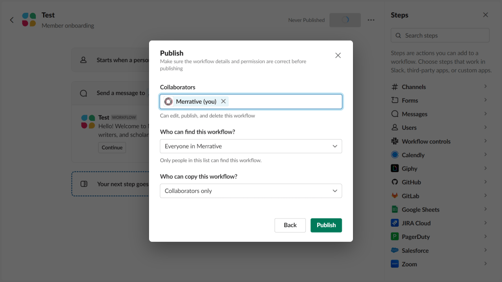Screenshot of Slack Workflow Builder to add collaborators to the designed automation