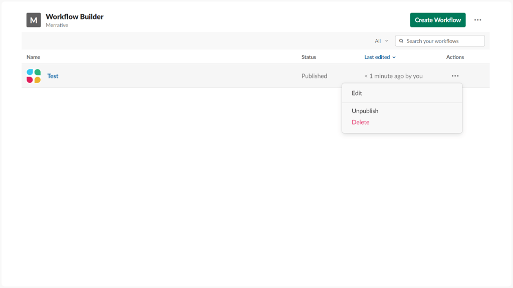 Screenshot of Slack Workflow Builder's dashboard