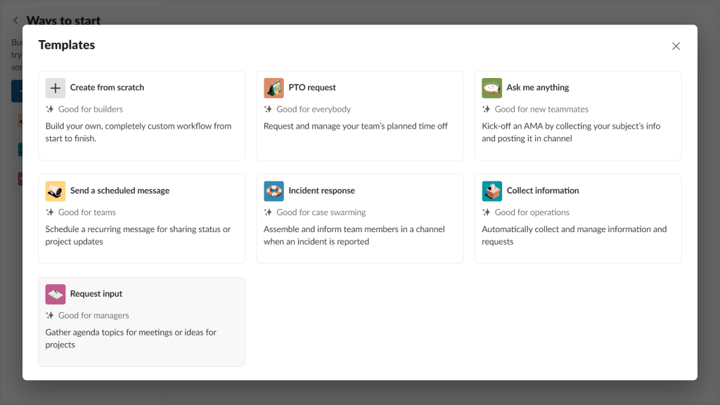 Slack workflow builder's template options dialog box