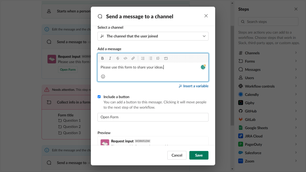 Slack workflow builder screenshot of editing the message to send the form on the channel.