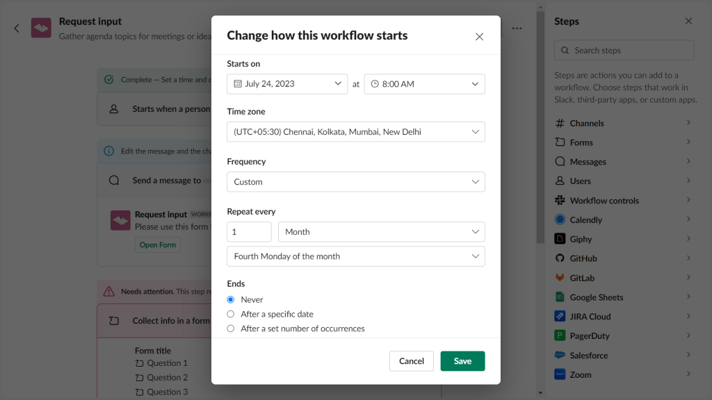 Slack workflow builder screenshot highlighting a dialog box to edit the workflow initiation trigger.