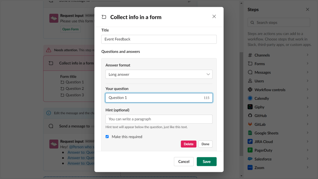 Slack workflow builder screenshot to edit the form title and questions.