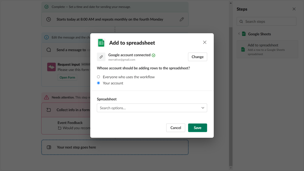 Slack workflow builder screenshot showing a dialog box to send data captured on Slack form to Google sheet.