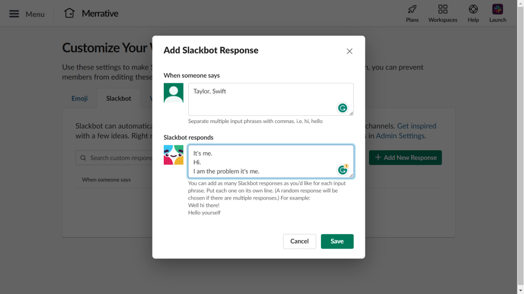Slackbot custom response dialog box screenshot.