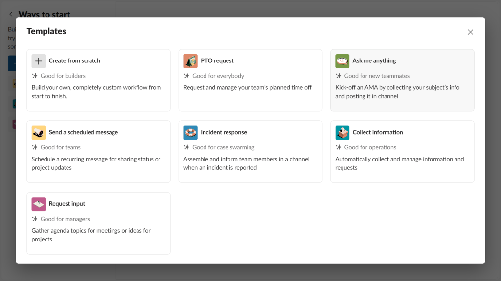 Slack workflow builder's template dialog box screenshot