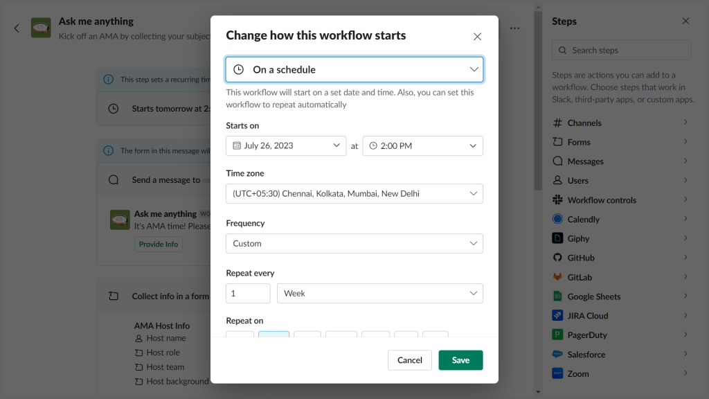 Slack workflow builder screenshot showing editing options to set up the AMA schedule.