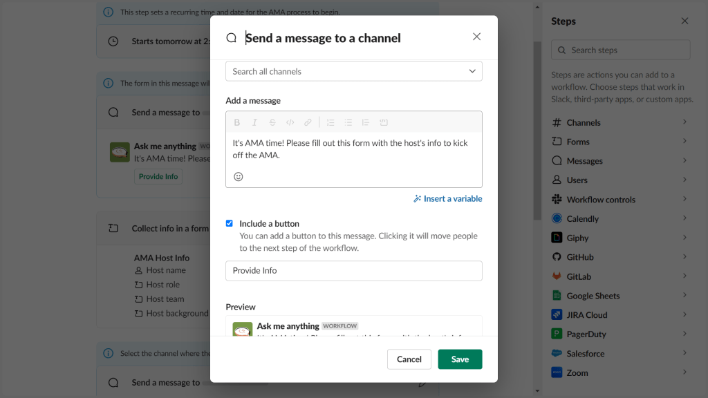 Slack workflow builder screenshot showing the dialog box to edit the AMA kickoff message.