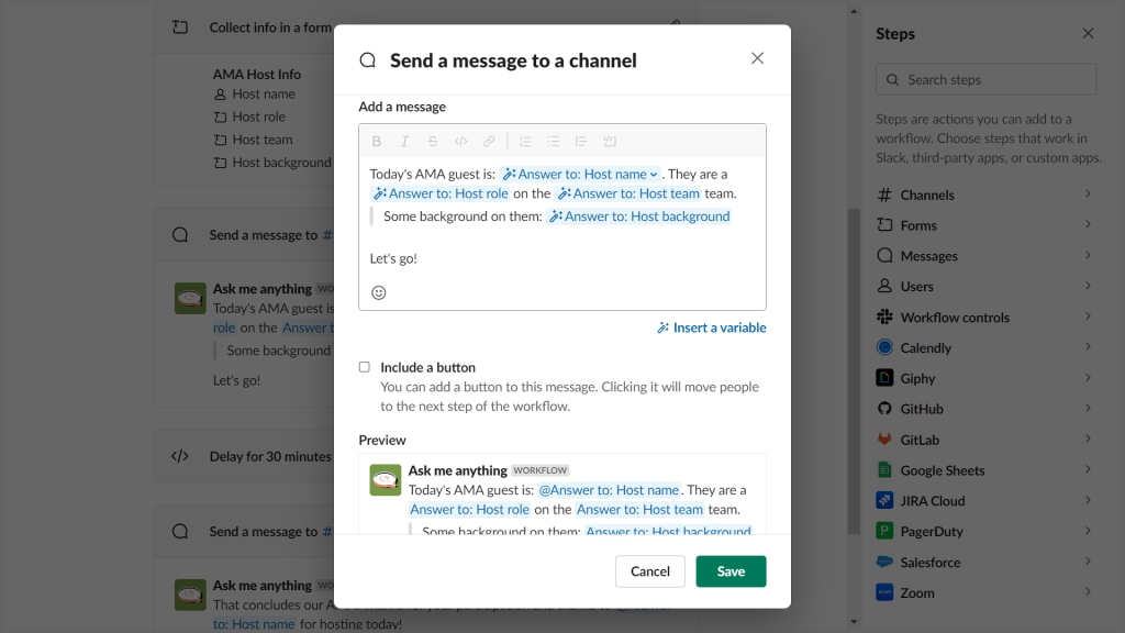 Slack workflow builder screenshot showing the dialog box to edit the Slack message that introduces the host to the Slack channel.