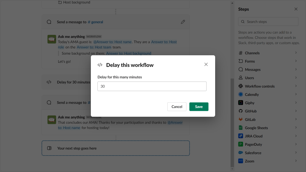 Slack workflow builder screenshot showing a dialog box to fix AMA duration.