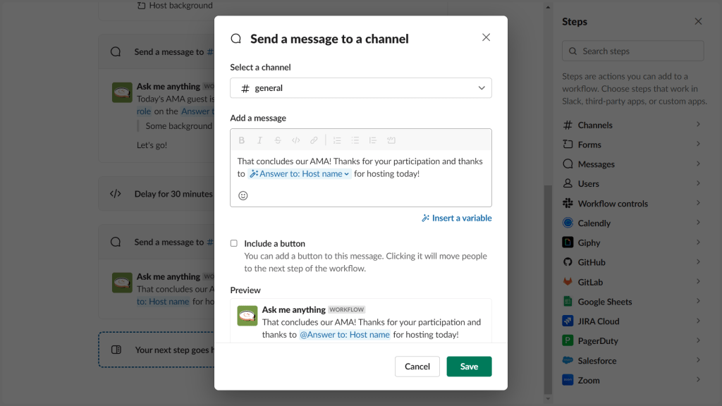 Slack workflow builder screenshot showing dialog box to edit AMA conclusion message.