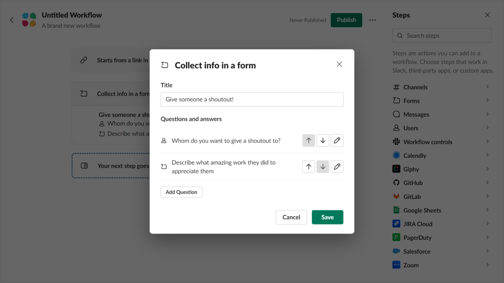 Slack workflow builder screenshot showing form to collect information of the member who receives the shoutout.