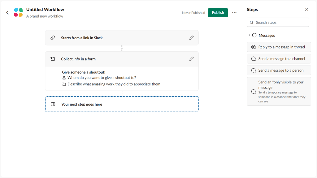 Slack workflow builder screenshot showing the 'Messages' side panel options.