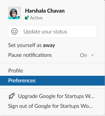 Slack's options to select Preferences to set up keyword alerts