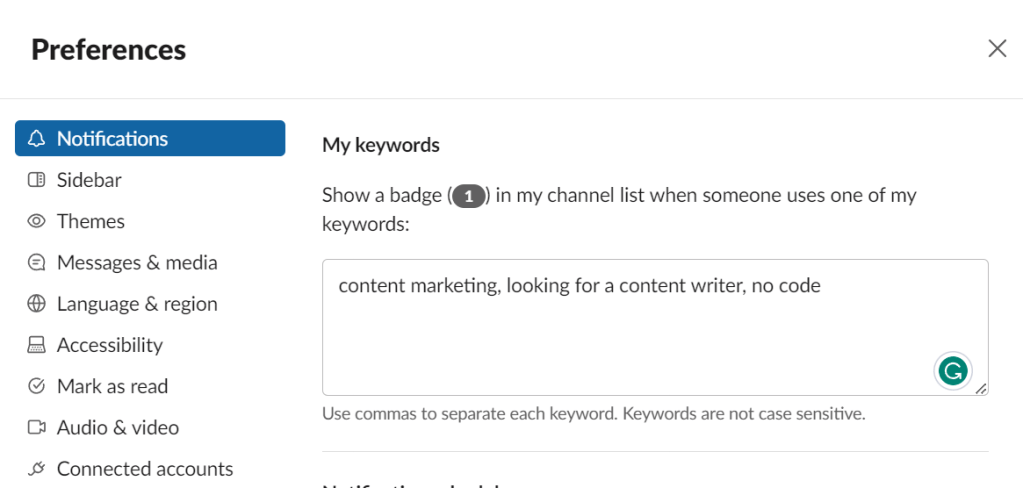 Option on Slack to add relevant keywords or phrases to get alerts